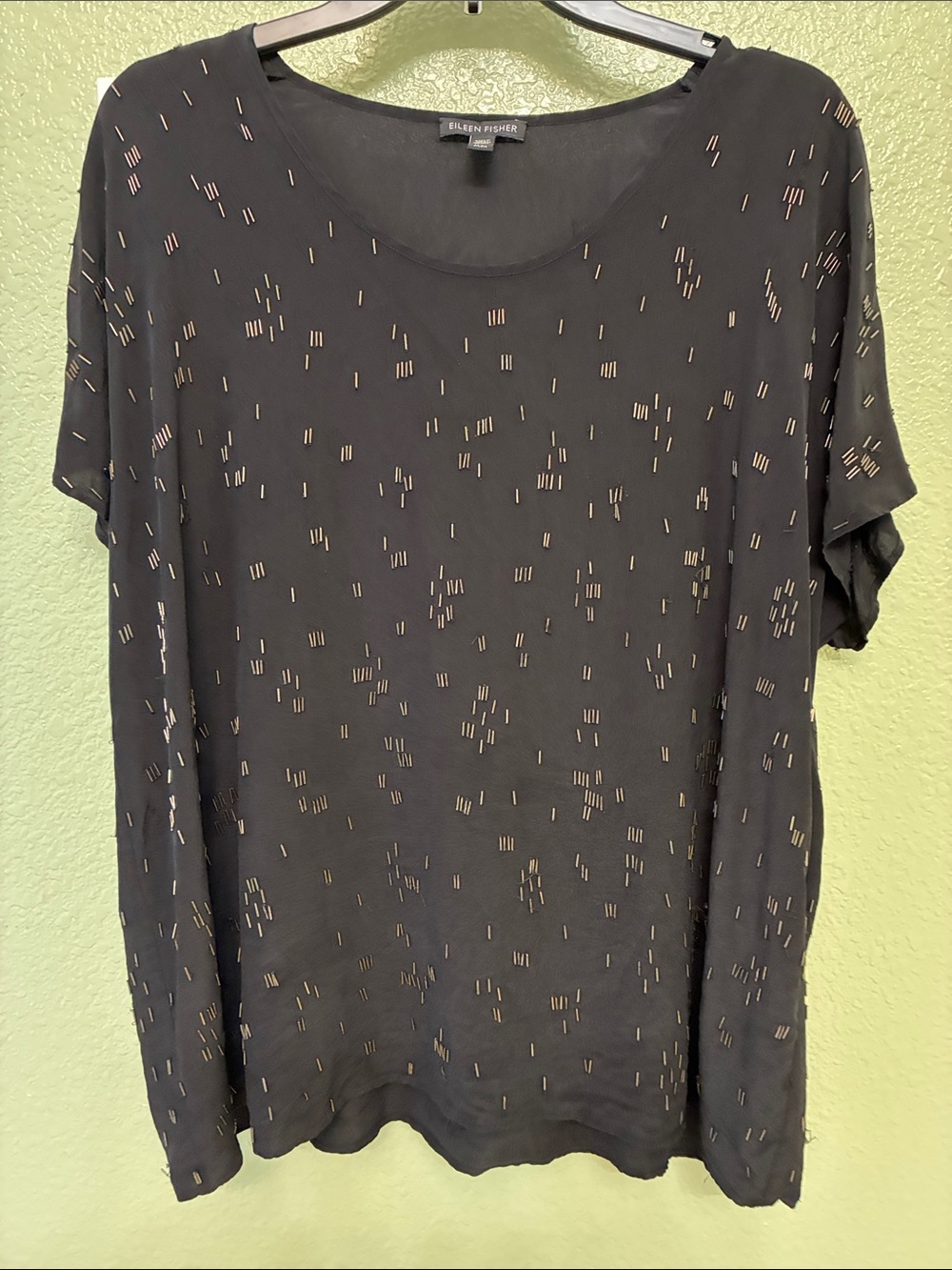 Eileen Fisher all silk Black Short-Sleeve Tee with Gold Metallic Dashes